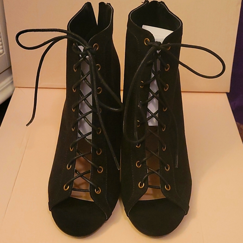 Lace up black faux suede booties